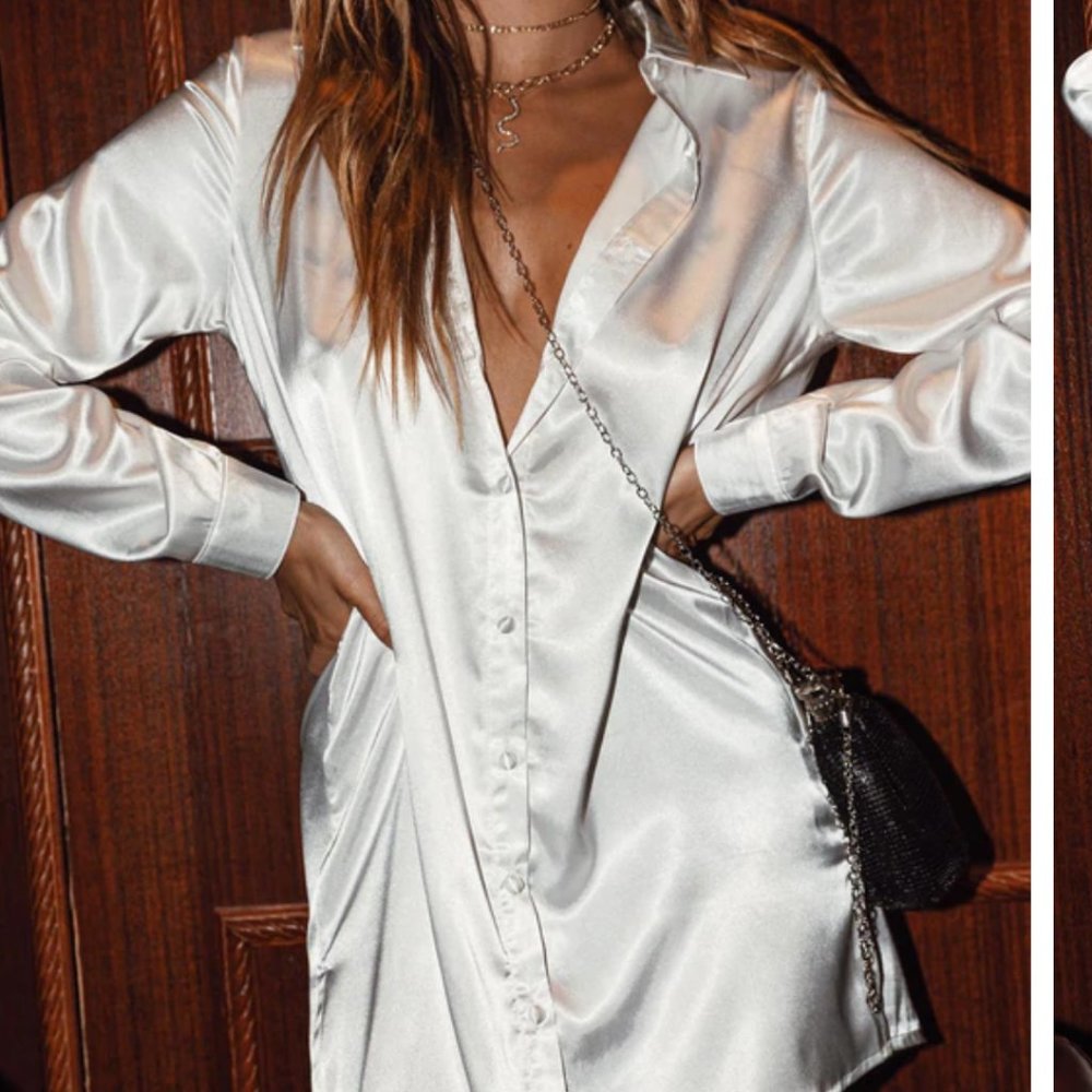 Princess Polly NWT White Satin Button Up Shirt Dress Mini